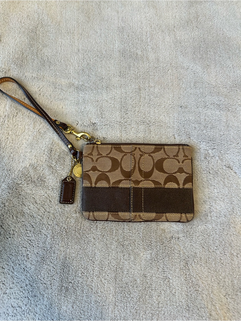 Coach Brown Signature Canvas Wristlet with Leather Trim